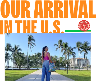 Woman walking along a palm-tree-lined path in a tropical U.S. setting, representing Mayte's arrival in America
