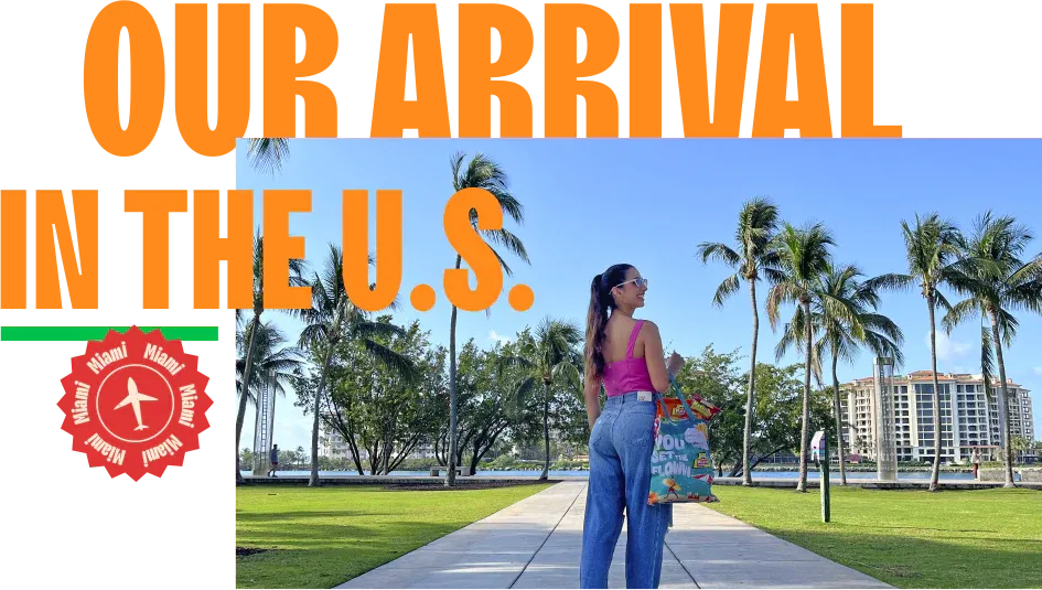 Woman walking along a palm-tree-lined path in a tropical U.S. setting, representing Mayte's arrival in America