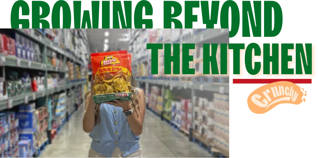 Child holding a bag of Mayte Maduritos in a grocery store aisle, showing the brand's retail growth