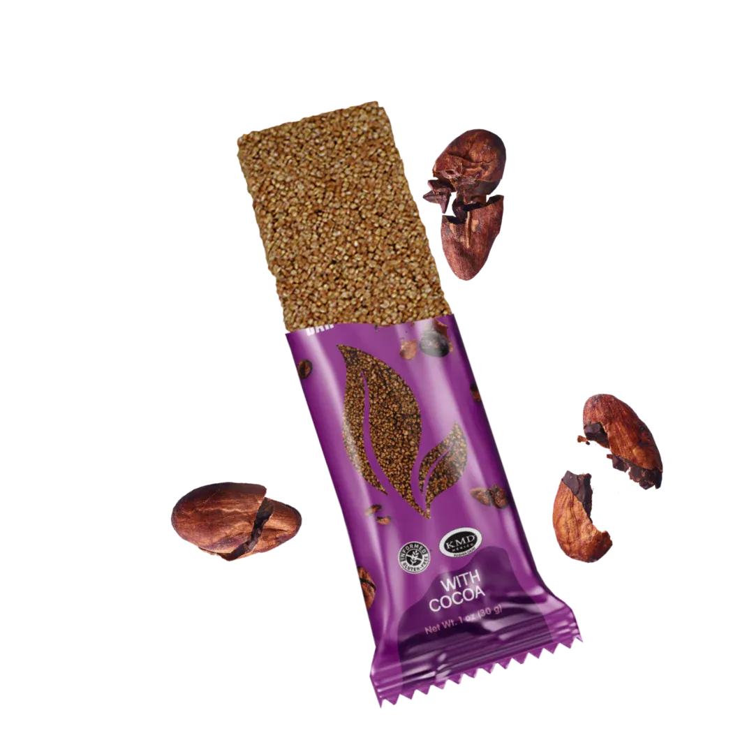 Nutri Well amaranth bar with cocoa in purple wrapper with cacao beans