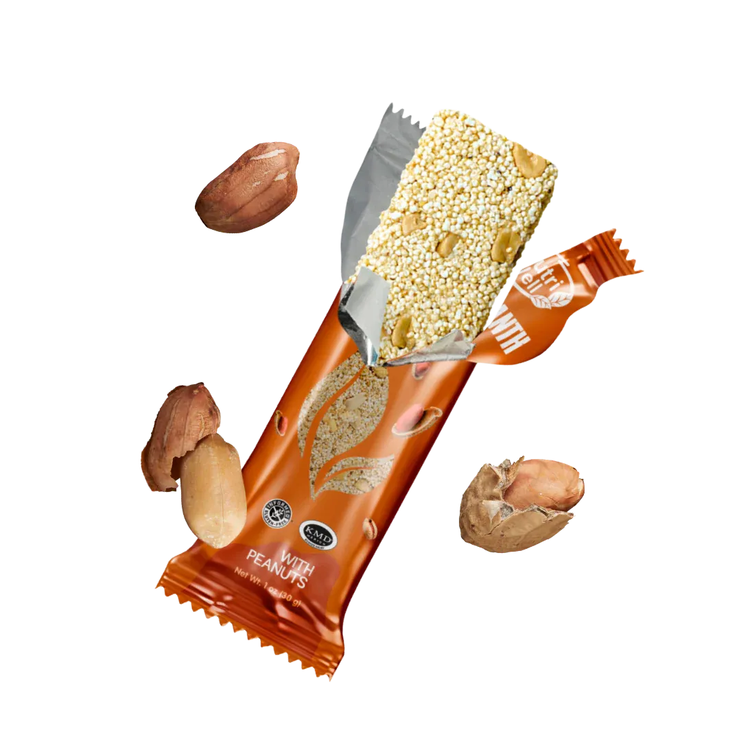 Nutri Well amaranth bar with peanuts in orange wrapper with floating peanuts