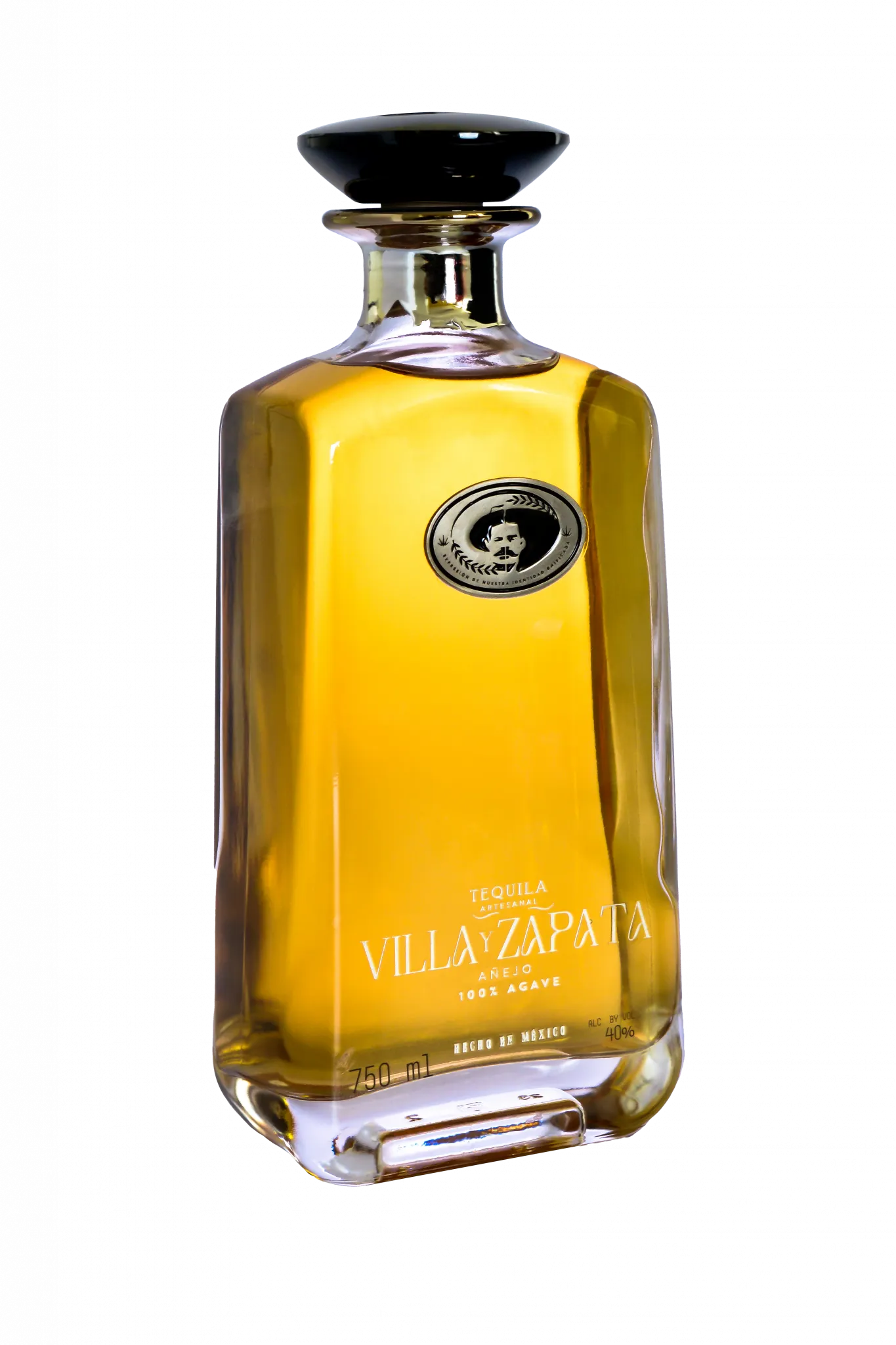 Añejo bottle portrait with amber gold tequila on white background