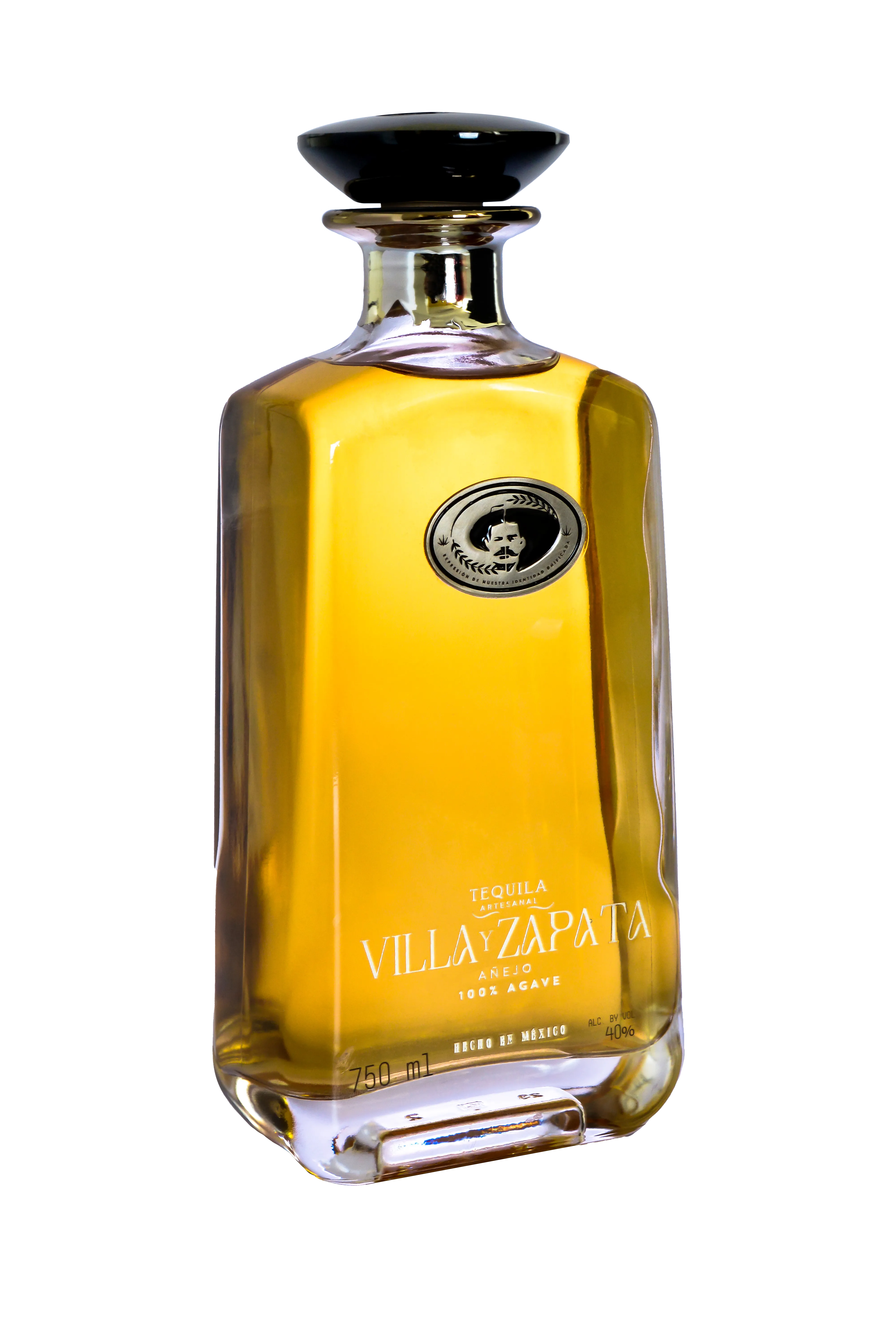 Añejo 750ml bottle with amber gold tequila on white background