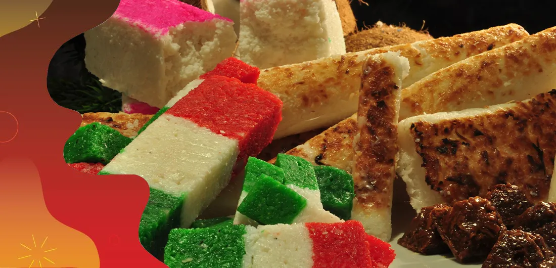 Dulces Kokito assorted coconut candy collection with banderitas, cocada, and palanqueta