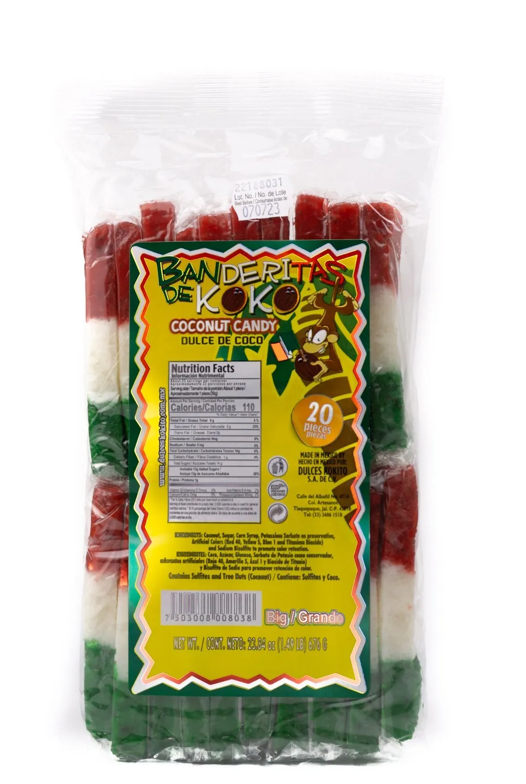 Banderitas de Koko 20-piece Grande bag front with nutrition facts