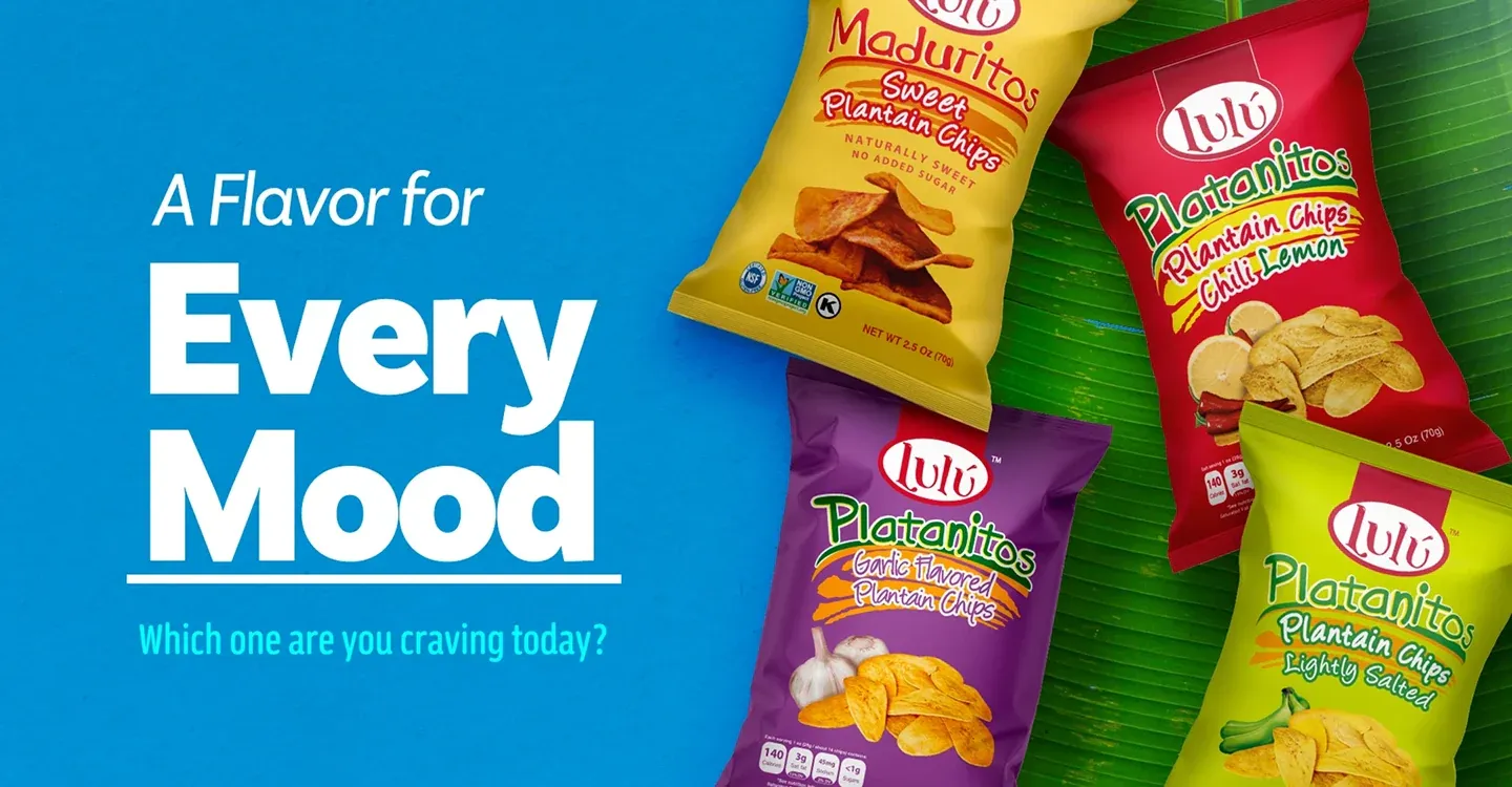 Blue background with four LuLu chip bags on banana leaf, A Flavor for Every Mood