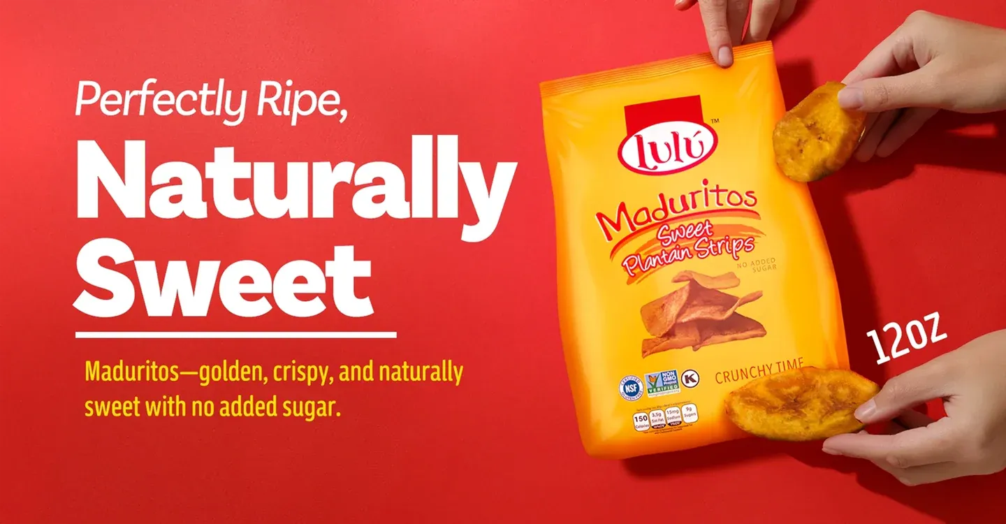 Red background with hands holding LuLu Maduritos strips bag, Perfectly Ripe Naturally Sweet