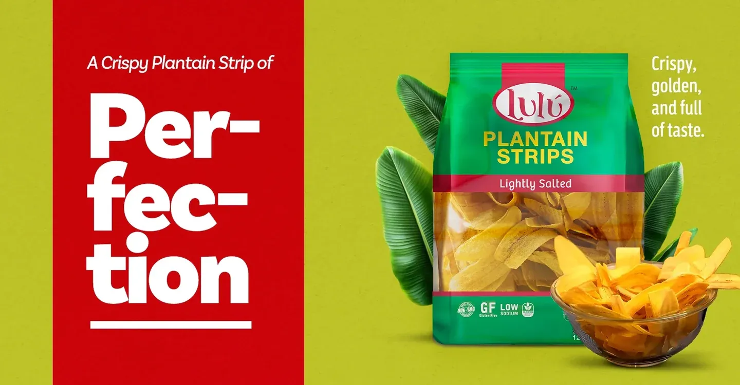 Split red and green design with LuLu Plantain Strips bag, A Crispy Plantain Strip of Perfection