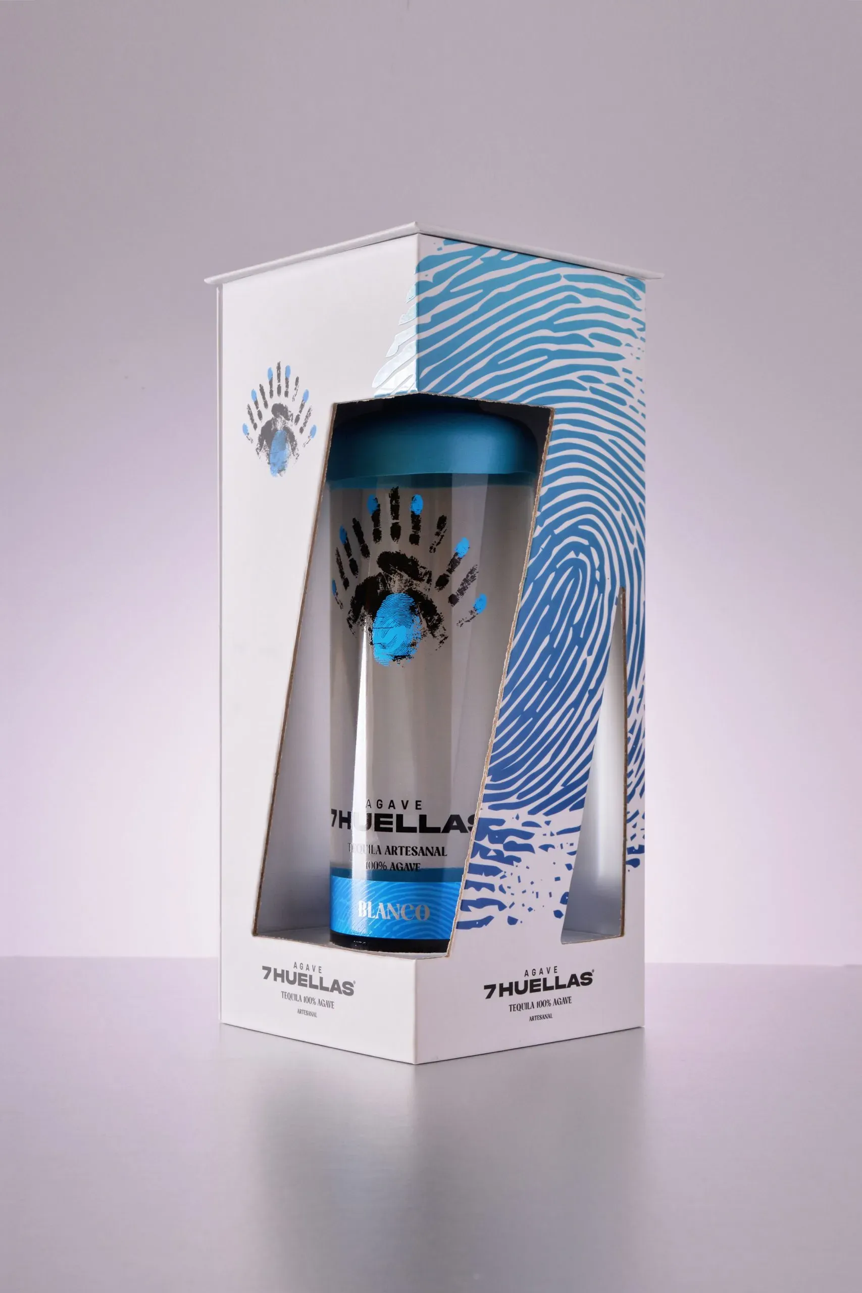 Blanco bottle in gift box with blue fingerprint design