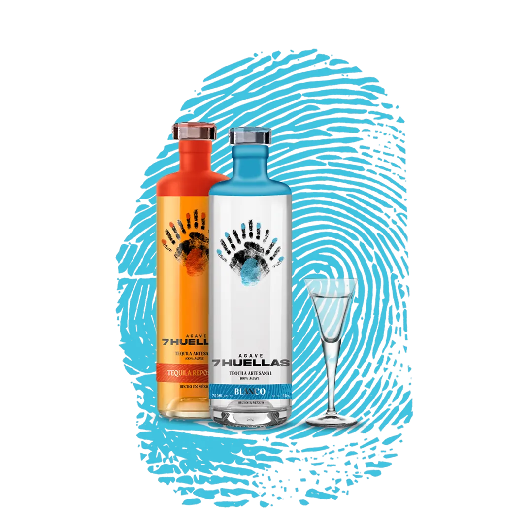 Both bottles with tasting glass on blue fingerprint promotional graphic