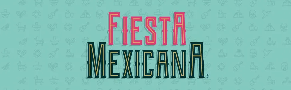 Fiesta Mexicana brand name on teal background with Mexican motif icons