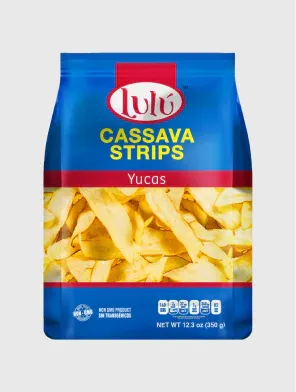 LuLu Cassava Strips bag front with green and white packaging