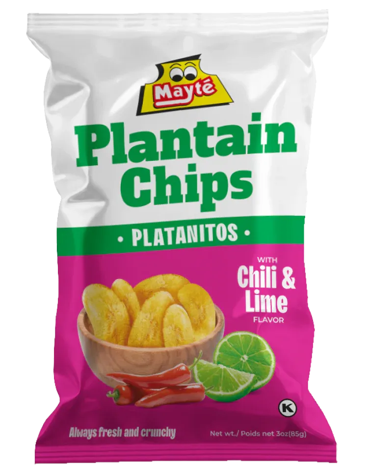 Mayte Chili and Lime Plantain Chips bag with pink packaging and lime garnish