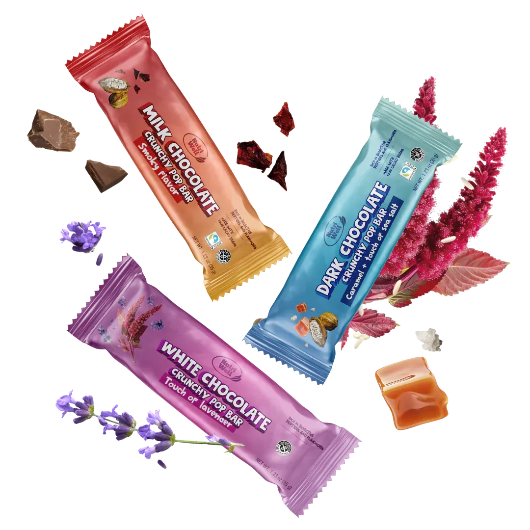 Three Nutri Well Aztec Chocolate bars in milk, dark, and white chocolate varieties