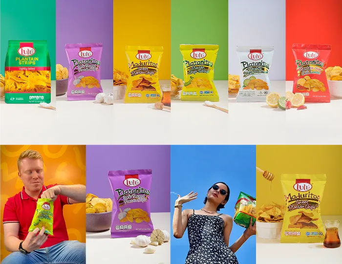LuLu full product lineup on colored backgrounds with lifestyle model photos
