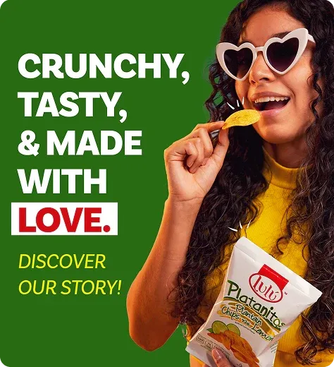 Green background with woman wearing heart sunglasses eating chip, Discover Our Story call to action