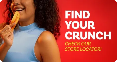 Red background with woman biting plantain strip, Find Your Crunch store locator call to action