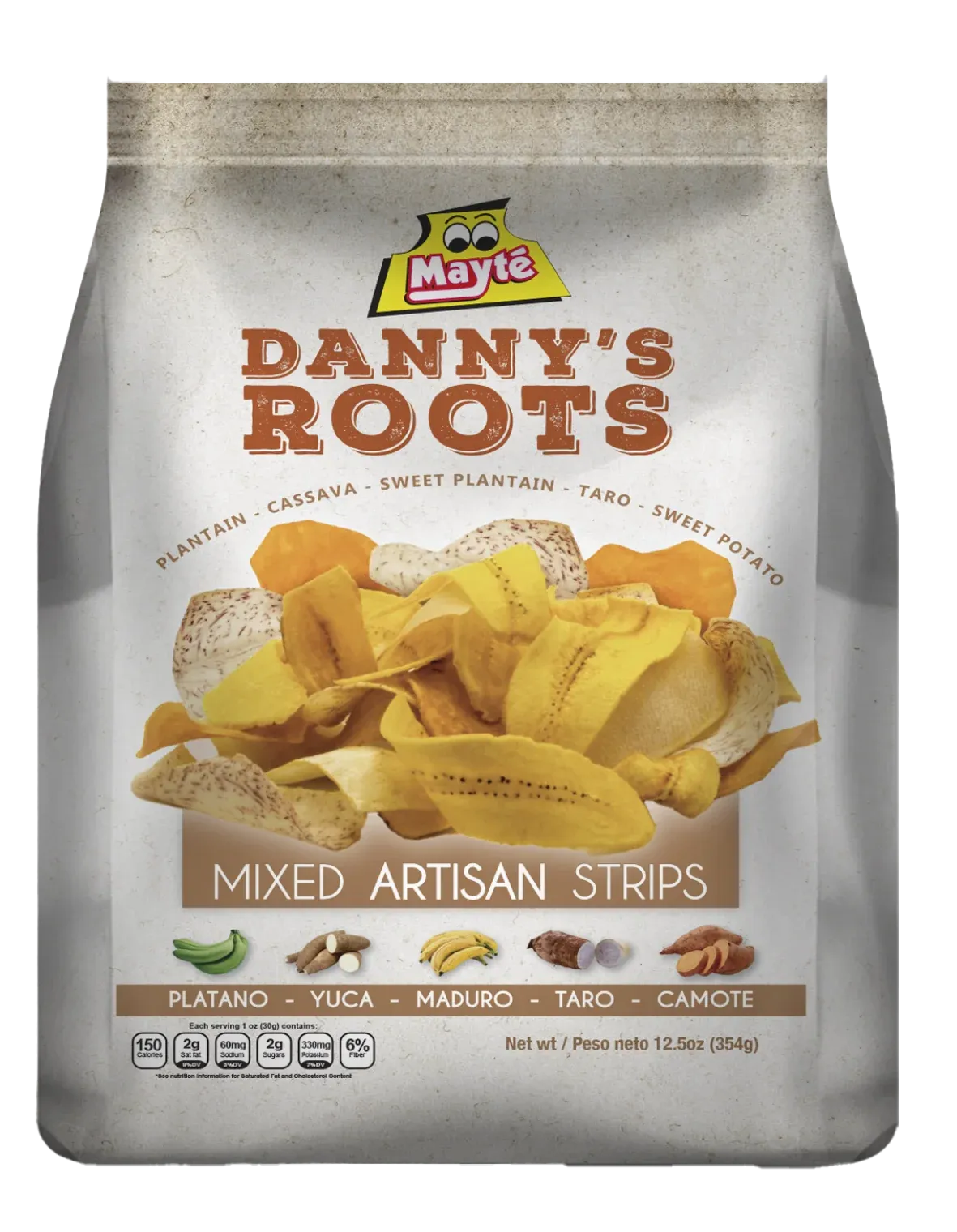 Danny's Roots Mixed Artisan Strips bag with plantain, yuca, sweet potato, and taro chips