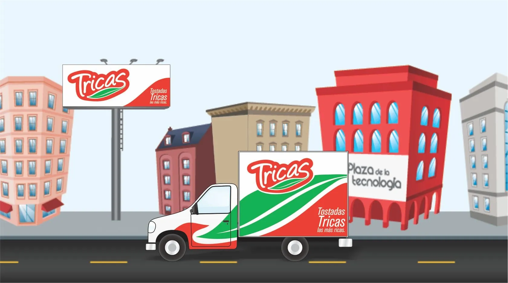 Illustrated Tostadas Tricas branded delivery truck driving through a colorful city street with buildings and a Tricas billboard