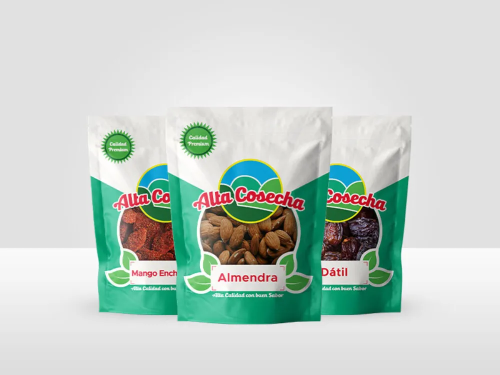 Three Alta Cosecha dried fruit bags featuring mango, almond, and date