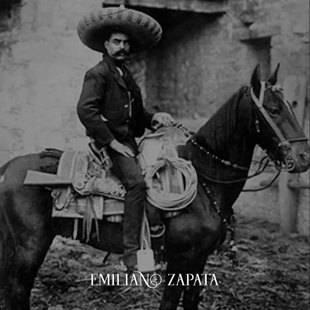 Historic portrait of Emiliano Zapata on horseback with brand text