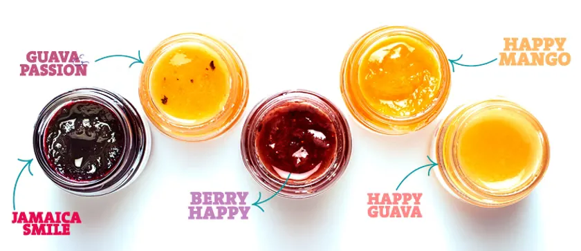 Five signature flavors overhead: Guava Passion, Jamaica Smile, Berry Happy, Happy Guava, and Happy Mango