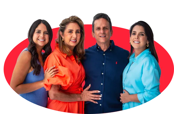 LuLu founders family portrait on red oval background