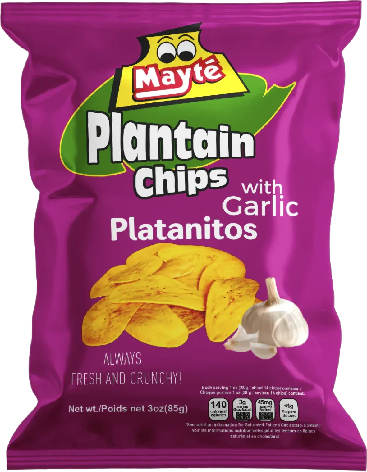 Mayte Garlic Plantain Chips bag with purple packaging and garlic illustration