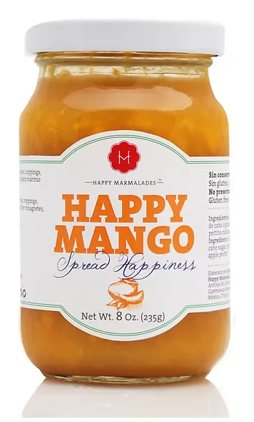 Happy Mango fruit spread 8oz jar, front label on white background