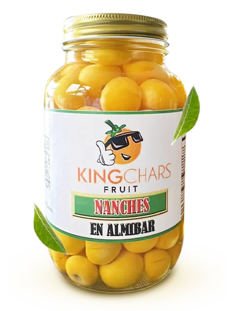 King Chars branded glass jar of nanches en almibar (nanche in syrup)