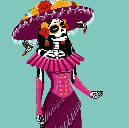 La Flaca catrina mascot illustration with marigolds and hummingbirds