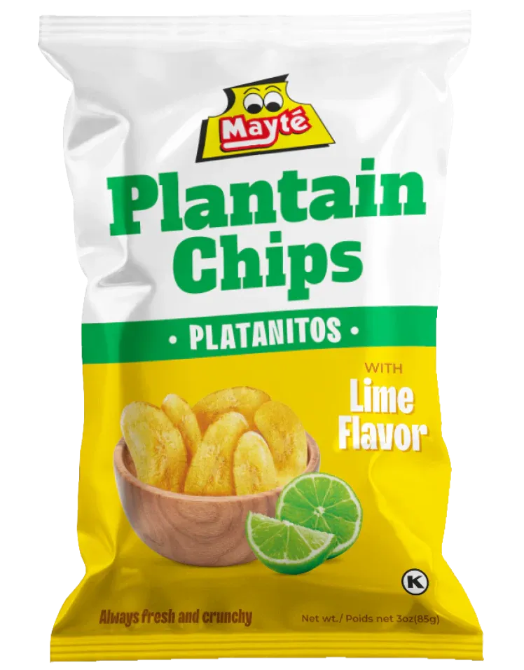 Mayte Lime Flavor Plantain Chips bag with yellow packaging and lime slices