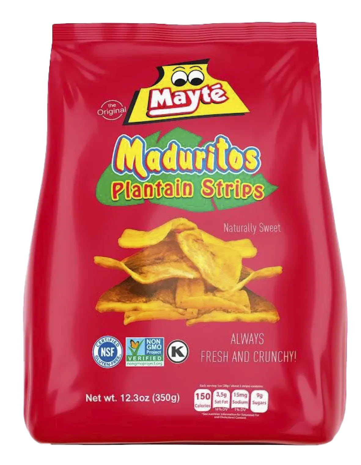 Mayte Maduritos Sweet Plantain Strips bag with red packaging, naturally sweet