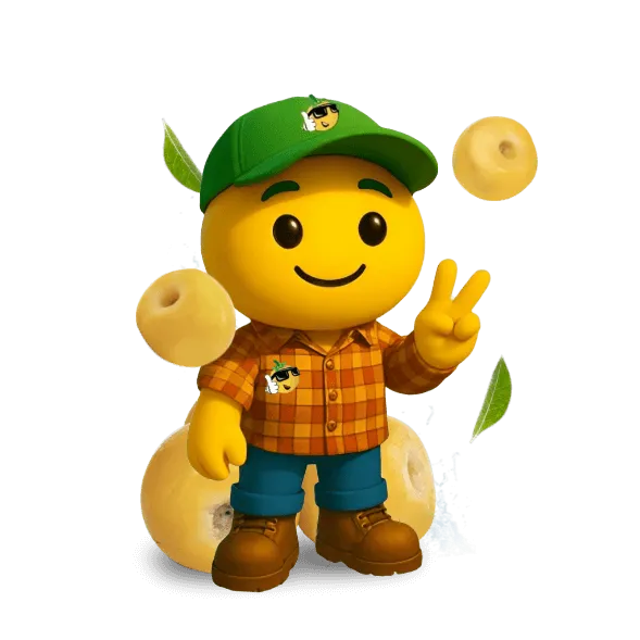 King Chars nanche mascot character as a farmer making a peace sign with nanche fruits