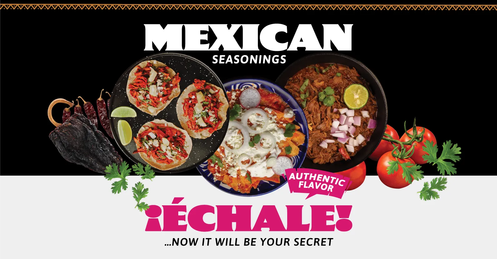 Sazon Natural Mexican seasonings promotional banner with traditional dishes and Echale tagline