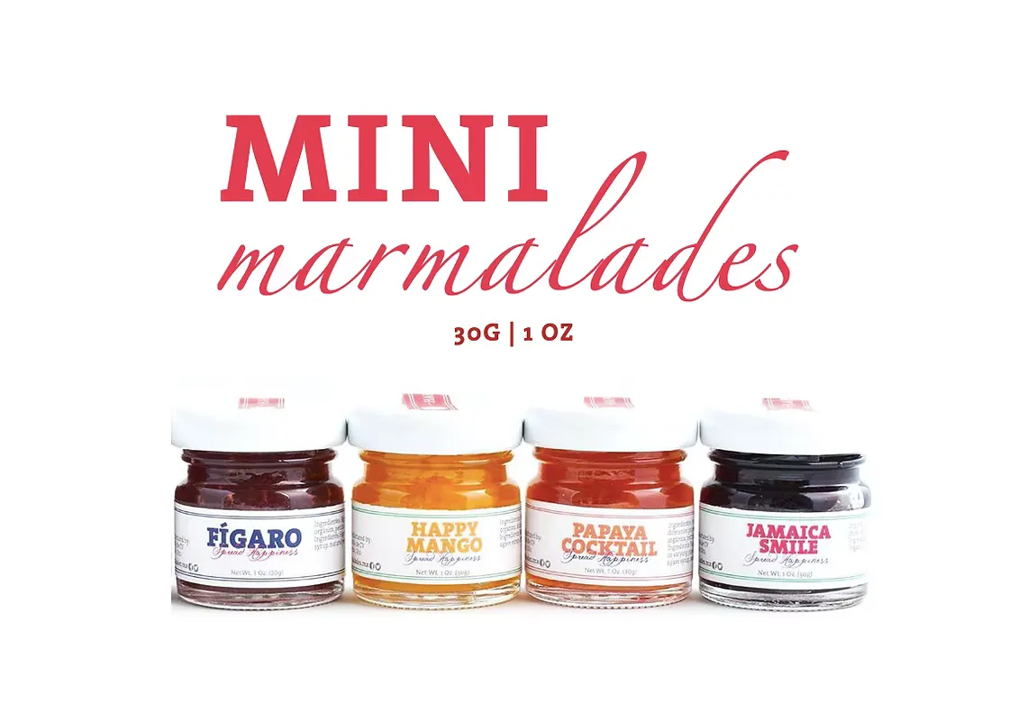 Mini Marmalades 30g sampler set featuring Figaro, Happy Mango, Papaya Cocktail, and Jamaica Smile