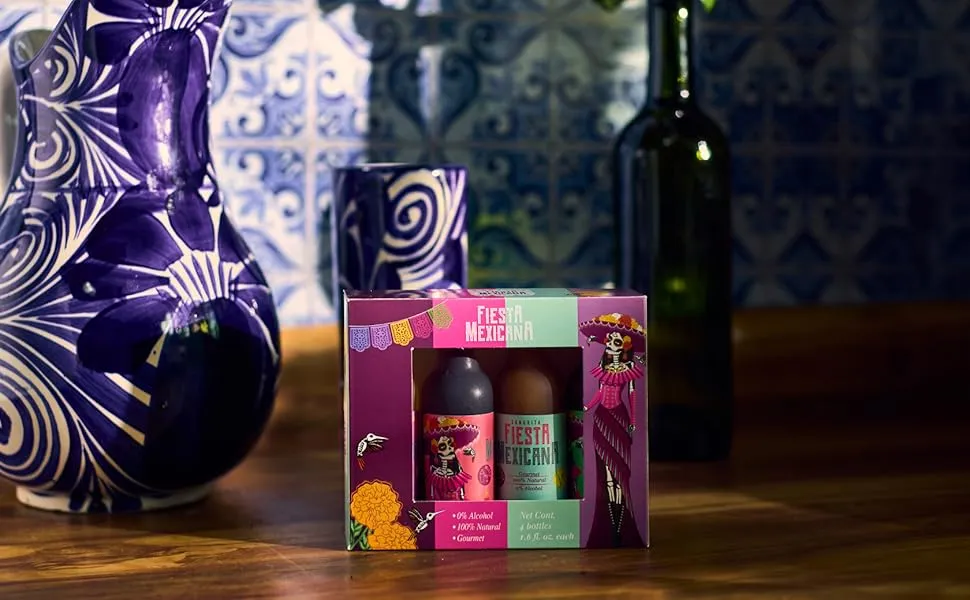 Mini Sangrita four-bottle gift box with Talavera vase and tiles