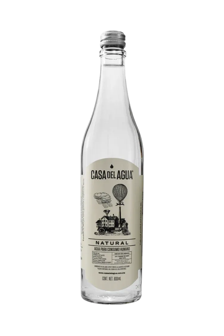 Casa del Agua Natural 750ml bottle on plain background featuring hot air balloon label design