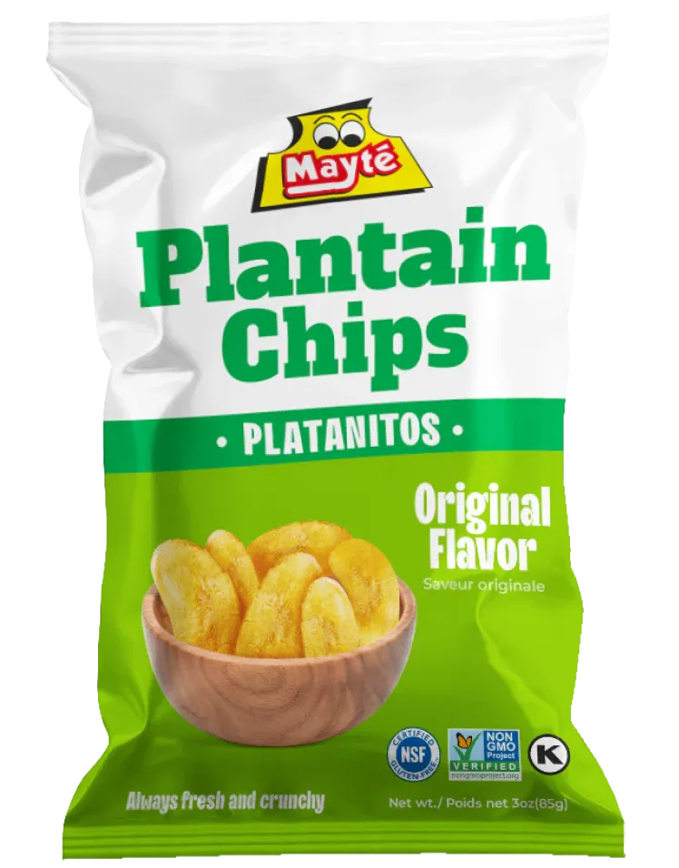 Mayte Original Flavor Salted Plantain Chips bag with green packaging
