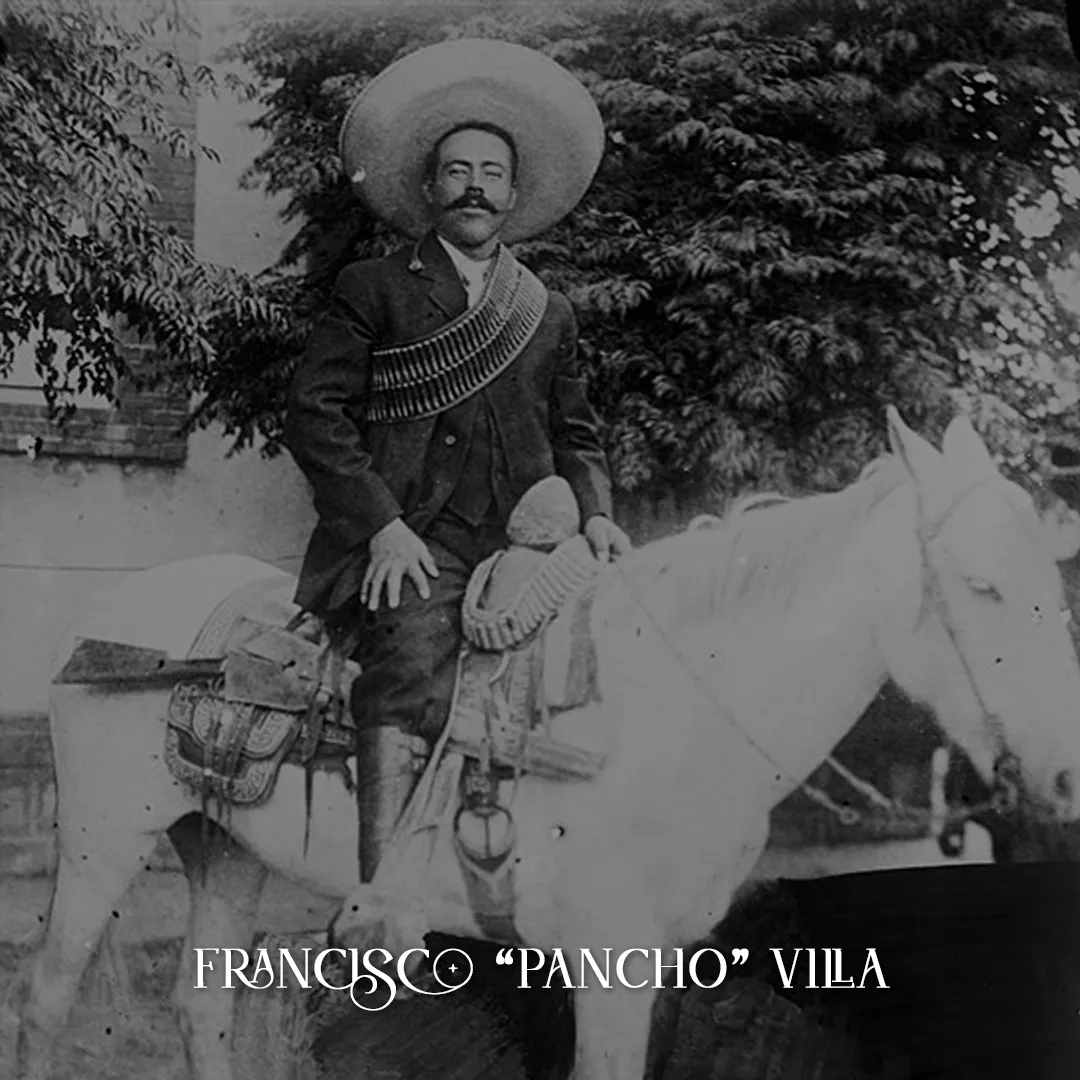 Historic portrait of Pancho Villa on horseback with brand text