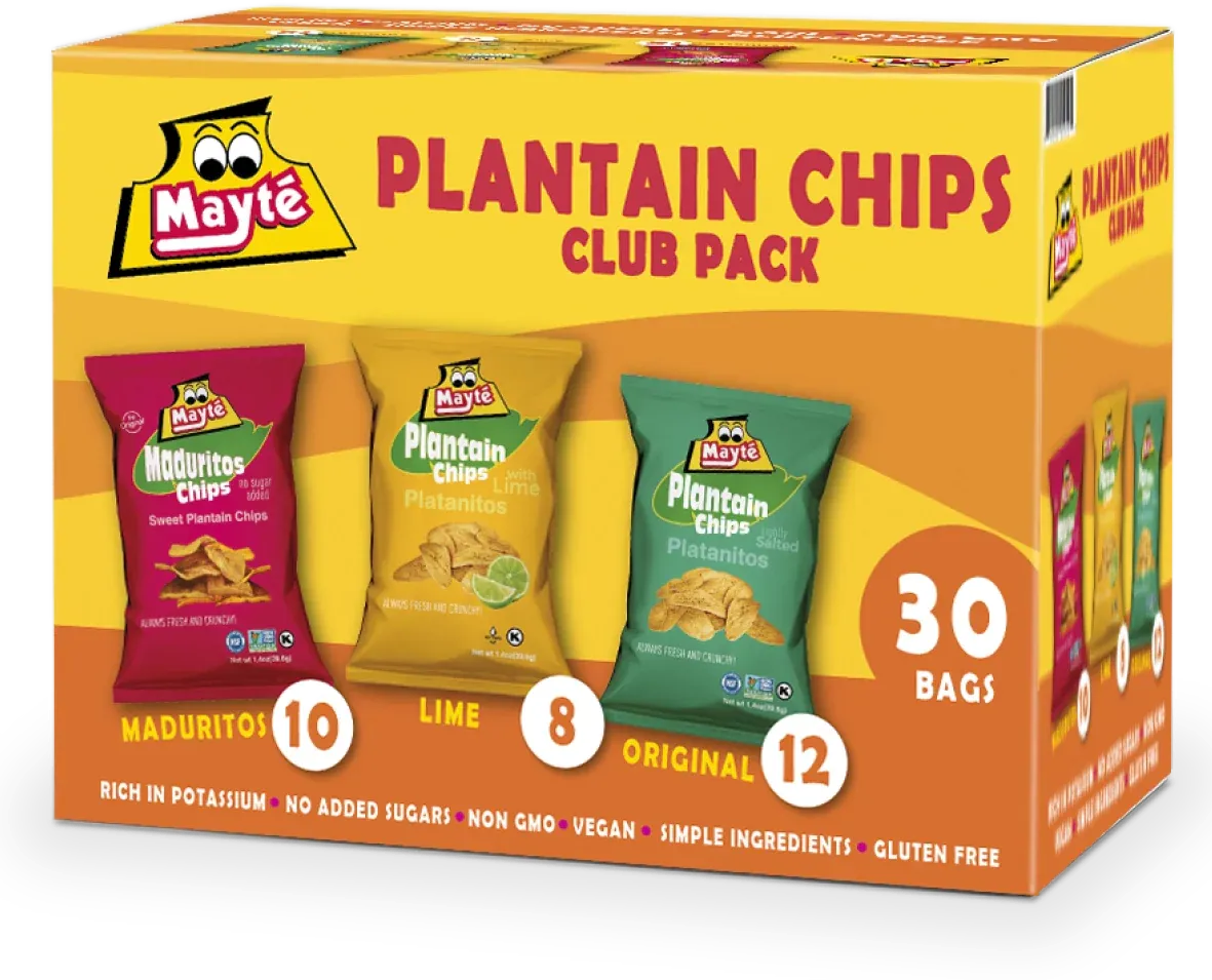 Mayte Plantain Chips Club Pack box with 30 bags in Maduritos, Lime, and Original varieties