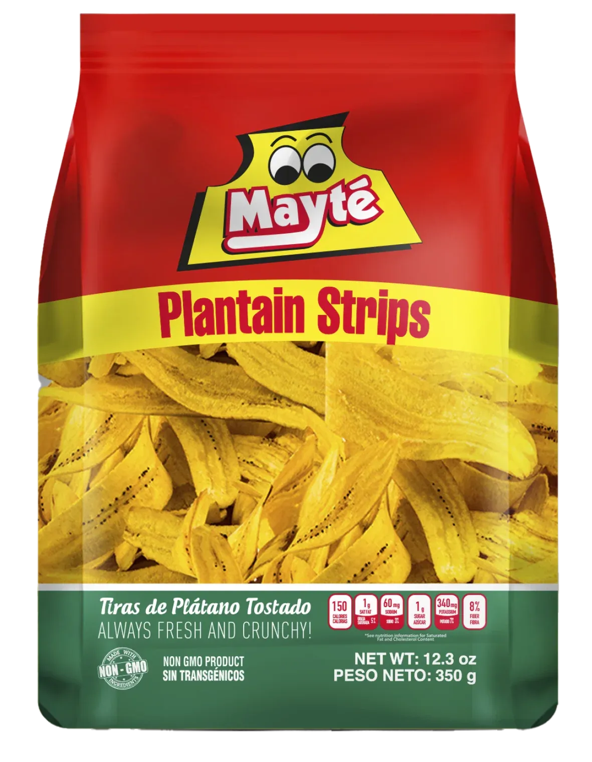 Mayte Plantain Strips bag with red and green packaging, toasted plantain strips