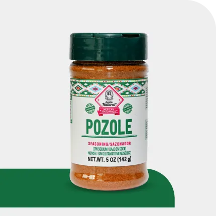 Sazon Natural Pozole seasoning jar with dark green lid, 5 oz