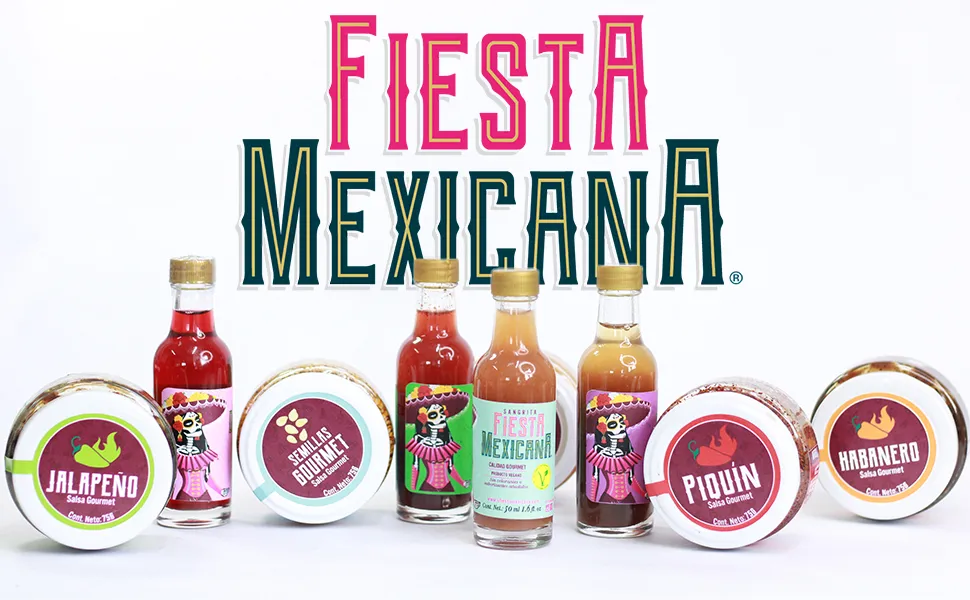 Full product lineup: Jalapeño, Semillas Gourmet, Sangrita, Piquín, and Habanero salsas