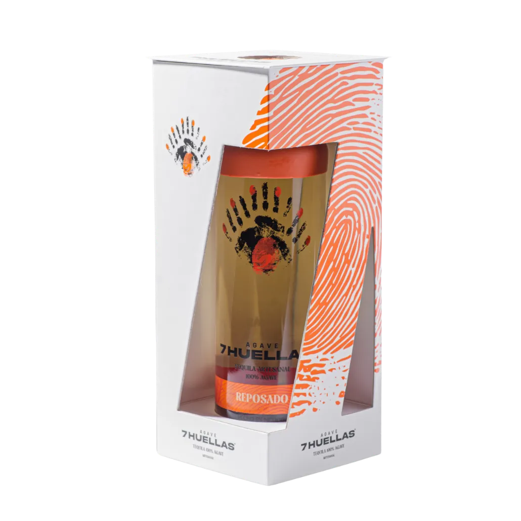 Reposado bottle in gift box with orange fingerprint design, product shot