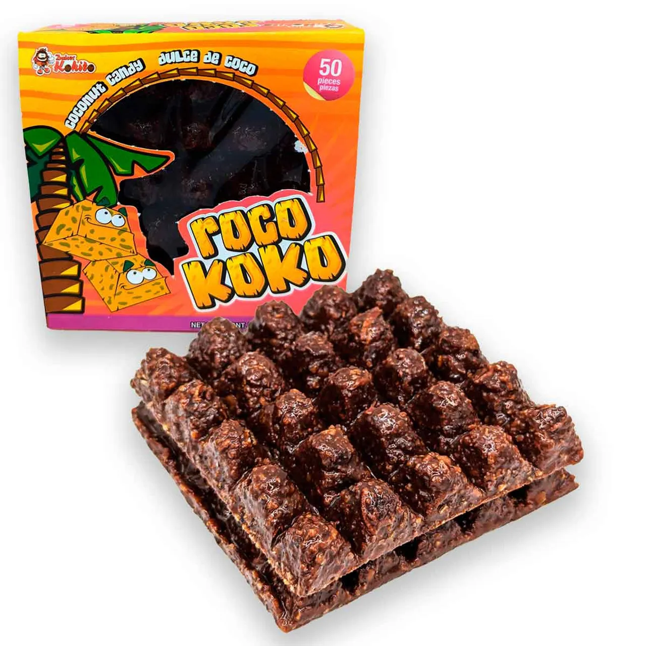 Roco Koko 50-piece box with dark coconut candy pieces displayed