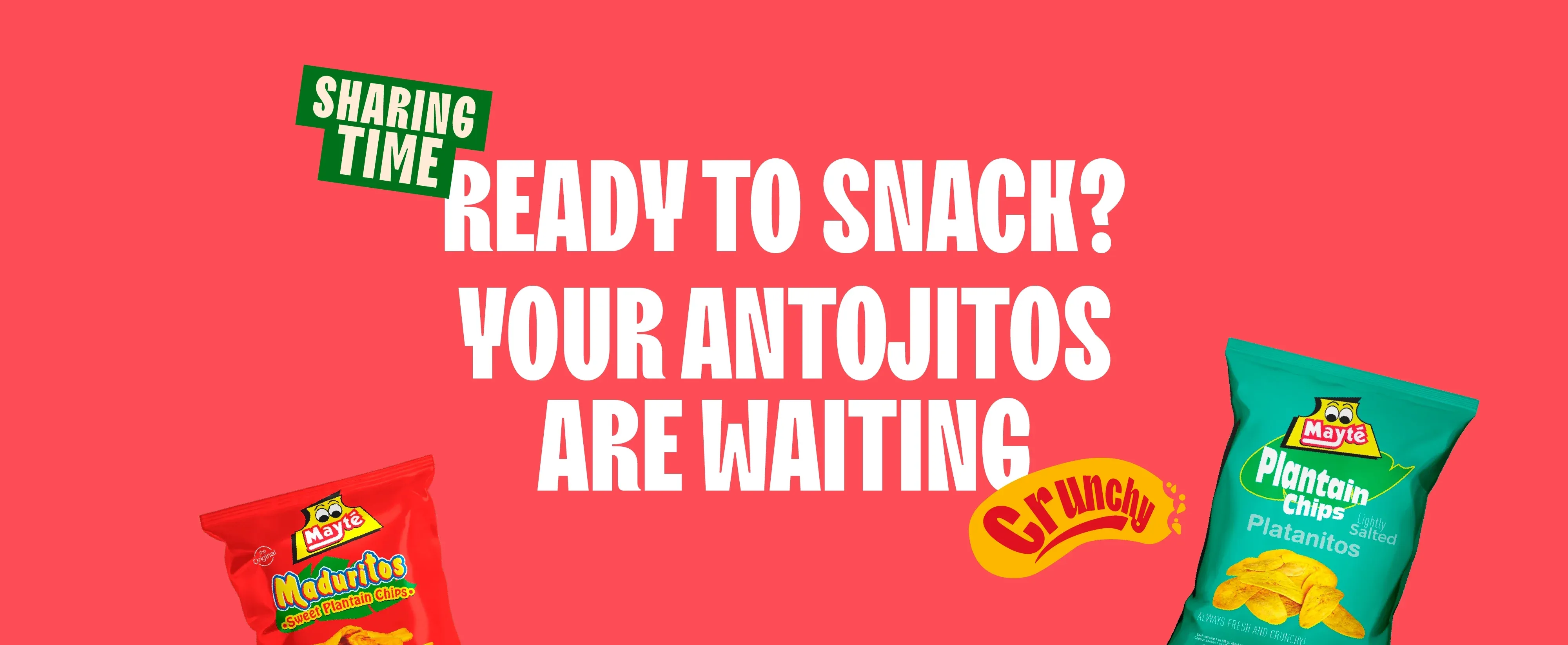 Red promotional banner reading Ready to Snack with three Mayte product bags displayed