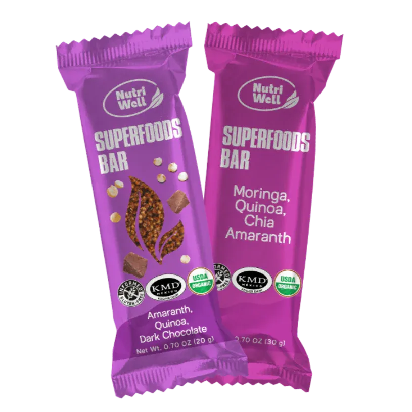 Two Nutri Well Superfoods bars in chocolate and moringa quinoa chia varieties