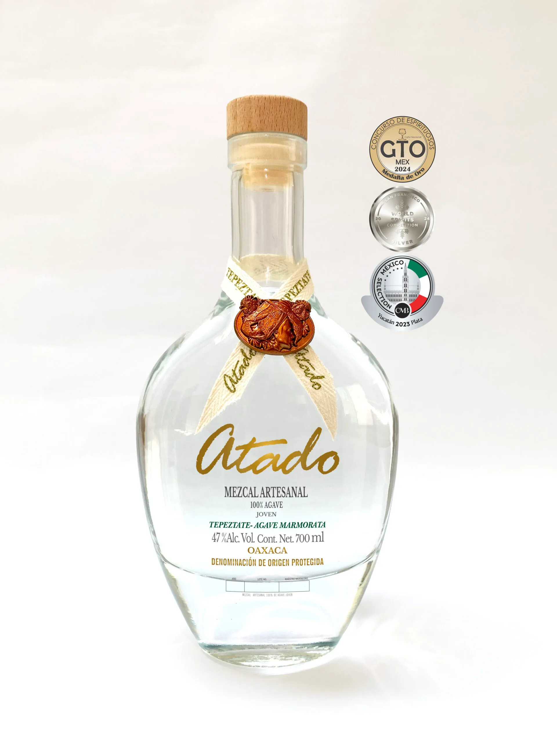 Tepeztate 47% bottle with GTO gold, SF World Spirits silver, and México Selection awards