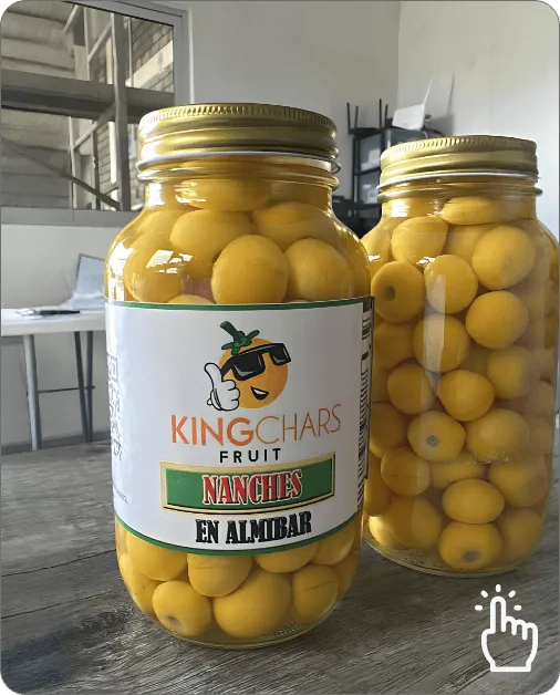 Two King Chars branded jars of nanches en almibar on a shelf